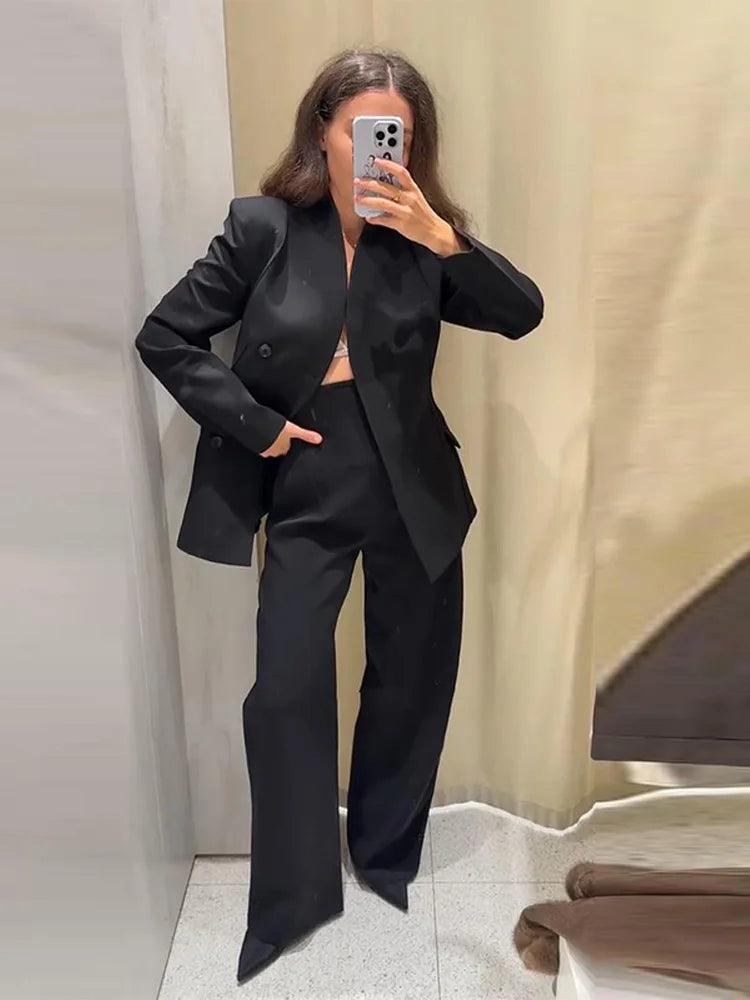 Women Solid Slim Hidden Button Blazer Pants