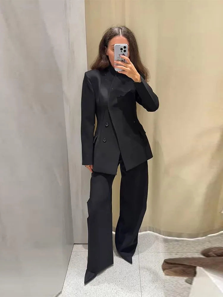 Women Solid Slim Hidden Button Blazer Pants